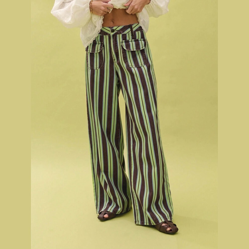 Green Brown Striped Denim Flap Pocket Wide Leg Jeans